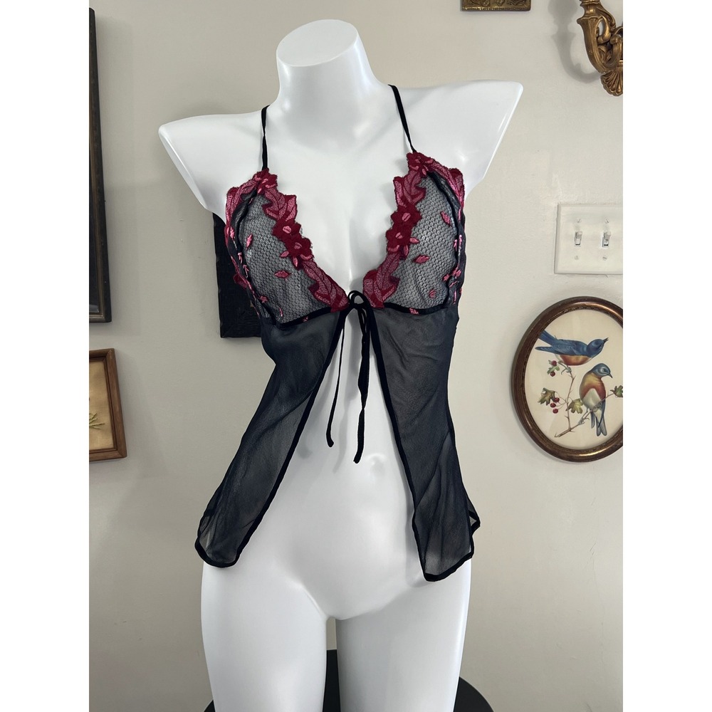 Vintage Intimo Italy Black Sheer Mesh Pink Embroidered Cami Top Size 3